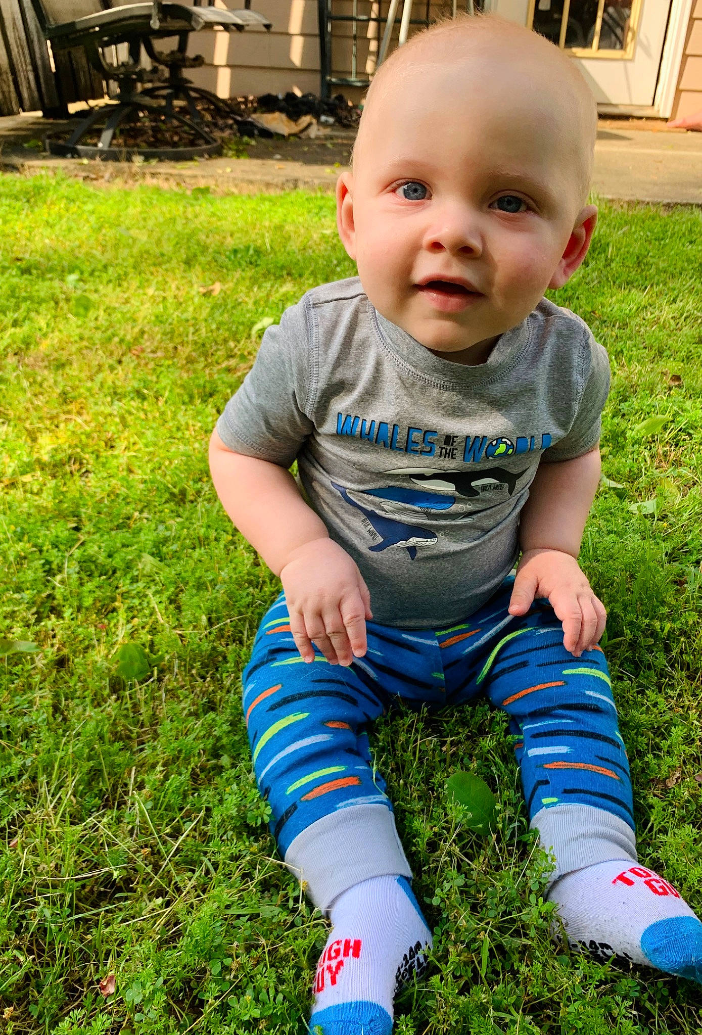 Reed is registered to the contest to win money with this photo: baby, baby_toddler_clothing, blue, child, eye, grass, green, head, lawn, leg, person, plant, play, shoe, sitting, skin, smile, summer, t_shirt, toddler