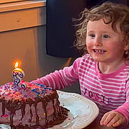 Lila joined the competition — help win amazing prizes! birthday_cake, candle, celebration, chair, child, chocolate_drip, curly_hair, dessert, festive, food, happy, indoor, person, pink_clothing, plate, smiling, sprinkles, table, toddler, young_child
