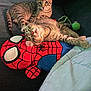 Niobe joined the competition — help win amazing prizes! kitten, cat, tabby, plush_toy, spiderman, couch, blanket, leash, indoor, pet, cute, relaxed, sleeping, resting, feline, animal, cozy, soft, young, playful