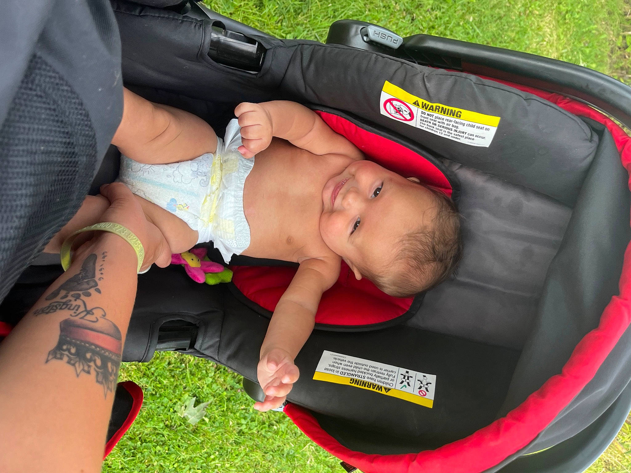 Kingston is registered to the contest to win money with this photo: abdomen, automotive_exterior, baby_products, bag, car_seat, chest, elbow, grass, green, human_body, human_leg, joy, knee, lap, leisure, pattern, person, recreation, thigh, toddler
