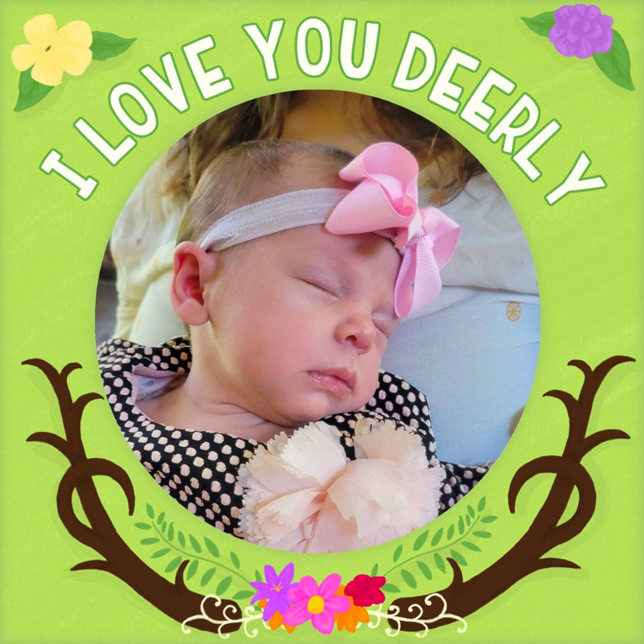 Allayna is registered to the contest to win money with this photo: baby, baby_toddler_clothing, cheek, child, circle, eyelash, fashion_accessory, font, greeting_card, hair_accessory, happy, headpiece, headwear, magenta, pattern, person, petal, photo_caption, picture_frame, pink