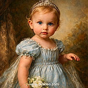 Isabella is registered to the contest to win money with this photo: background, blue_eyes, bouquet, child, costume, cute, dress, elegant, face, flowers, lace, person, portrait, puffy_sleeves, royalty, studio_photo, tiara, toddler, vintage_style, young_child