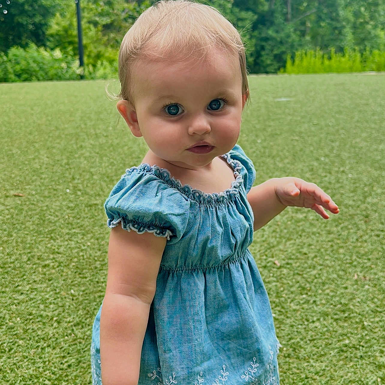 Isabella is registered to the contest to win money with this photo: toddler, child, blue_dress, grass, outdoor, nature, greenery, barefoot, portrait, curious, baby, standing, summer, daylight, park, trees, lamp_post, cute, young_child, innocence