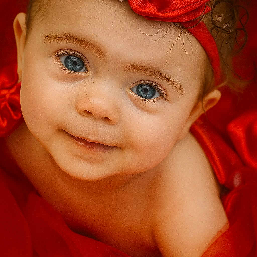 Kataléa participe au concours pour gagner de l'argent avec cette photo : adorable, baby, blue_eyes, child, close_up, curly_hair, cute, expression, face, fashion, headband, infant, jewel, portrait, red_fabric, skin, smile, soft_lighting, warm_colors, young