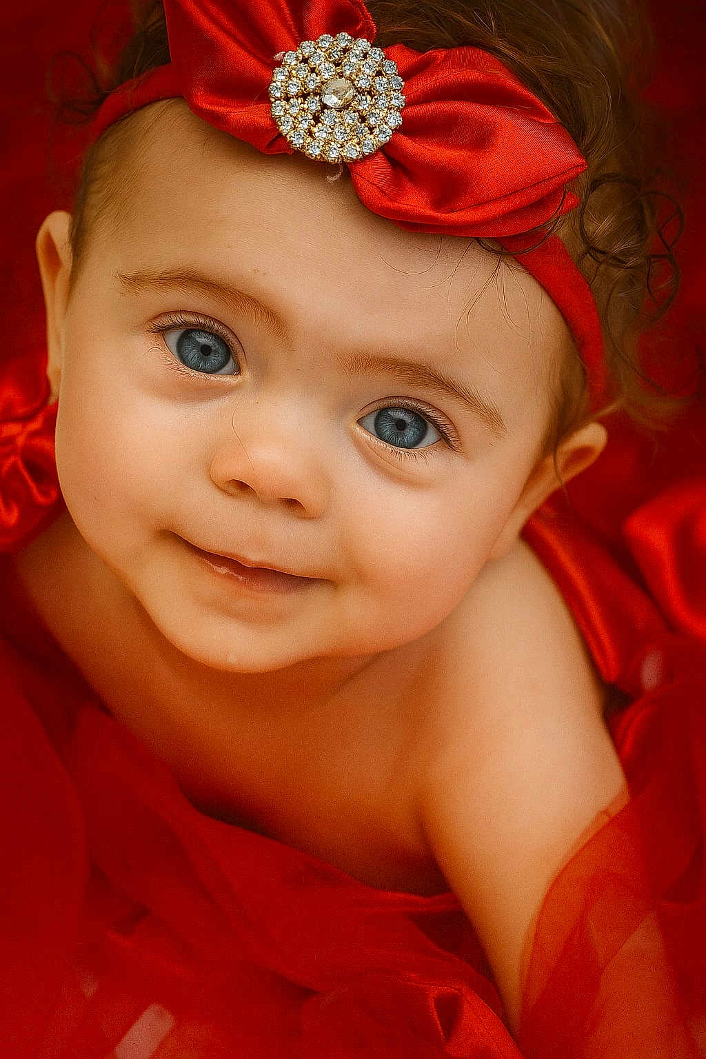 Kataléa participe au concours pour gagner de l'argent avec cette photo : baby, child, portrait, face, blue_eyes, smile, headband, jewel, red_fabric, close_up, cute, infant, soft_lighting, skin, curly_hair, adorable, expression, warm_colors, fashion, young