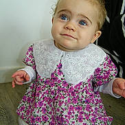 Kataléa participe au concours pour gagner de l'argent avec cette photo : baby, blue_eyes, casual, child, curly_hair, cute, floor, floral_dress, indoor, innocent, lace_collar, long_sleeves, looking_up, person, pink_flowers, portrait, sitting, small_hands, white_wall, young_child