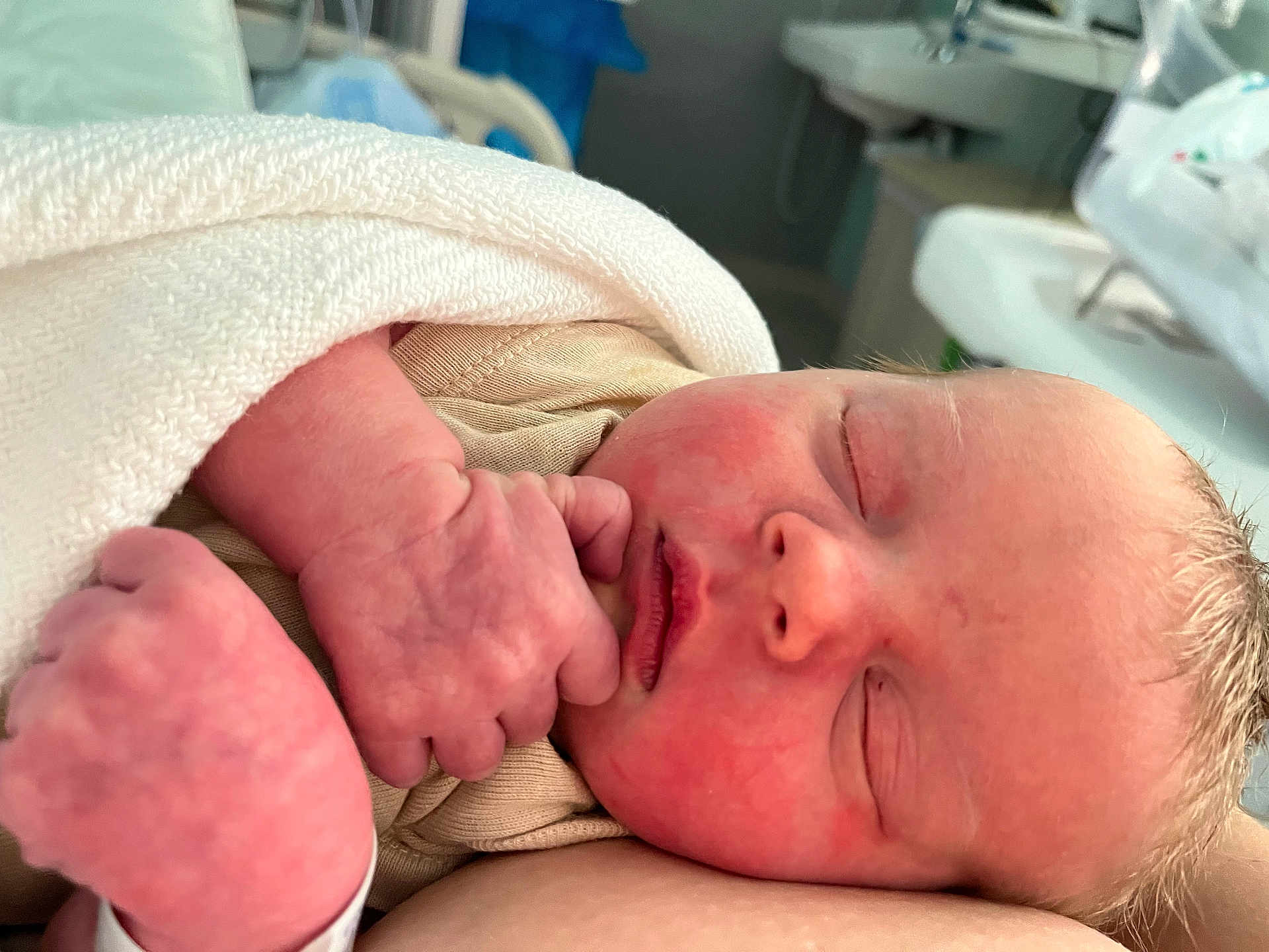 June is registered to the contest to win money with this photo: newborn, baby, sleeping, infant, blanket, hospital, hand, face, skin, cozy, closeup, peaceful, resting, cute, child, person, soft, wrapped, indoors, newborn_baby