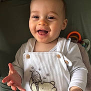 Léon participe au concours pour gagner de l'argent avec cette photo : baby, child, smiling, happy, face, hands, white_clothing, overalls, bear_design, toy, colorful_toy, indoor, portrait, infant, cute, expression, skin, head, eyes, mouth