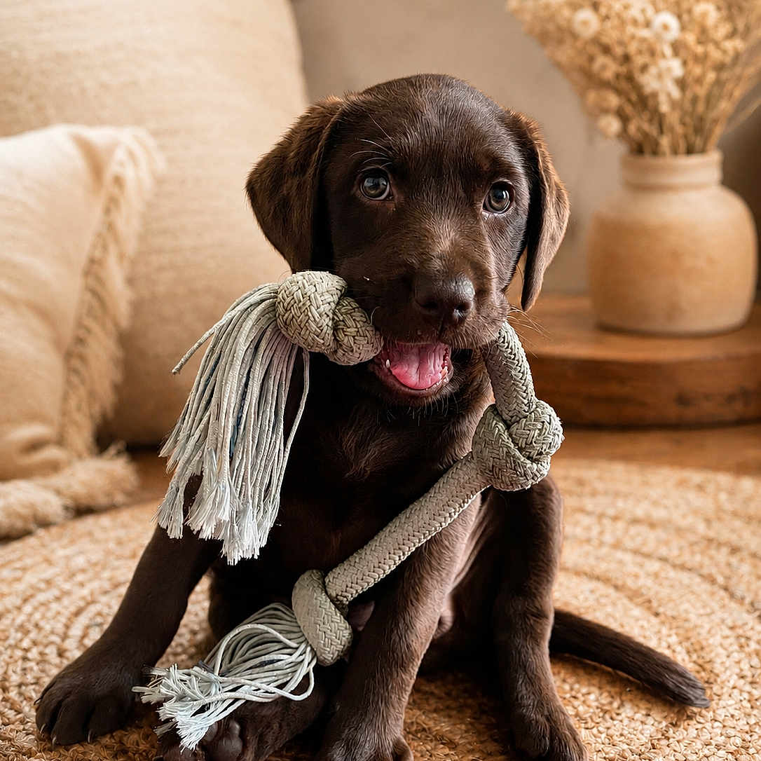 Baïa a rejoint le concours — aidez-le/la à gagner de superbes lots ! puppy, dog, chocolate_lab, brown_fur, sitting, rope_toy, chewing, playful, cute, portrait, indoors, living_room, rug, couch, vase, dried_flowers, warm_lighting, pet, animal, photography