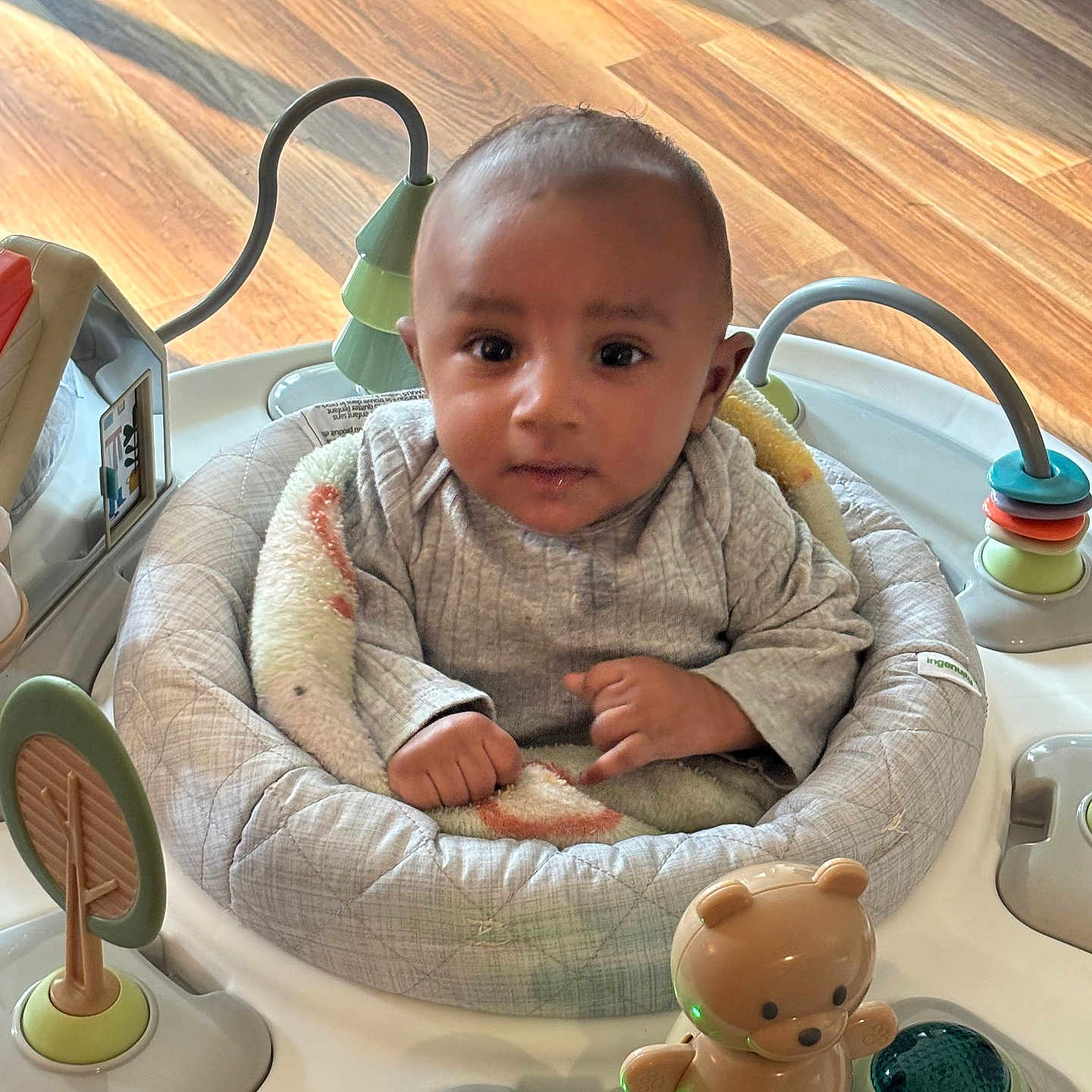 Devonta is registered to the contest to win money with this photo: baby, baby_activity_center, baby_toys, blanket, child, clothing, curious, cute, face, floor, hands, indoor, infant, person, play_area, seat, teddy_bear_toy, toy, wood_floor, young_child