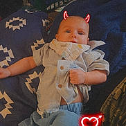 Sawyer joined the competition — help win amazing prizes! baby, infant, child, boy, two_months_old, lying_down, face, portrait, eyes_open, baby_clothes, blanket, bed, laundry_basket, home, indoors, family, love, heart, devil_horns, text_overlay