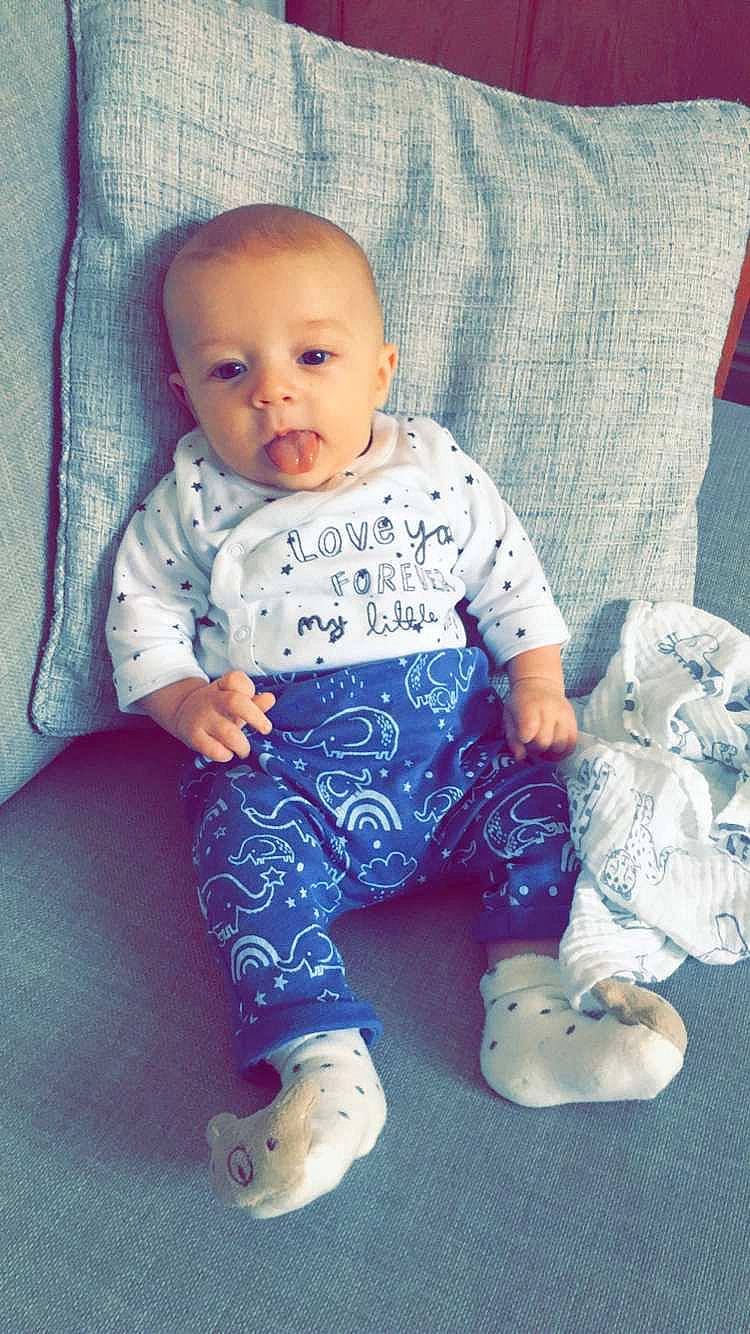 Jaxson joined the competition — help win amazing prizes! baby, baby_toddler_clothing, cheek, child, pattern, person, product, sitting, skin, sleeve, smile, toddler