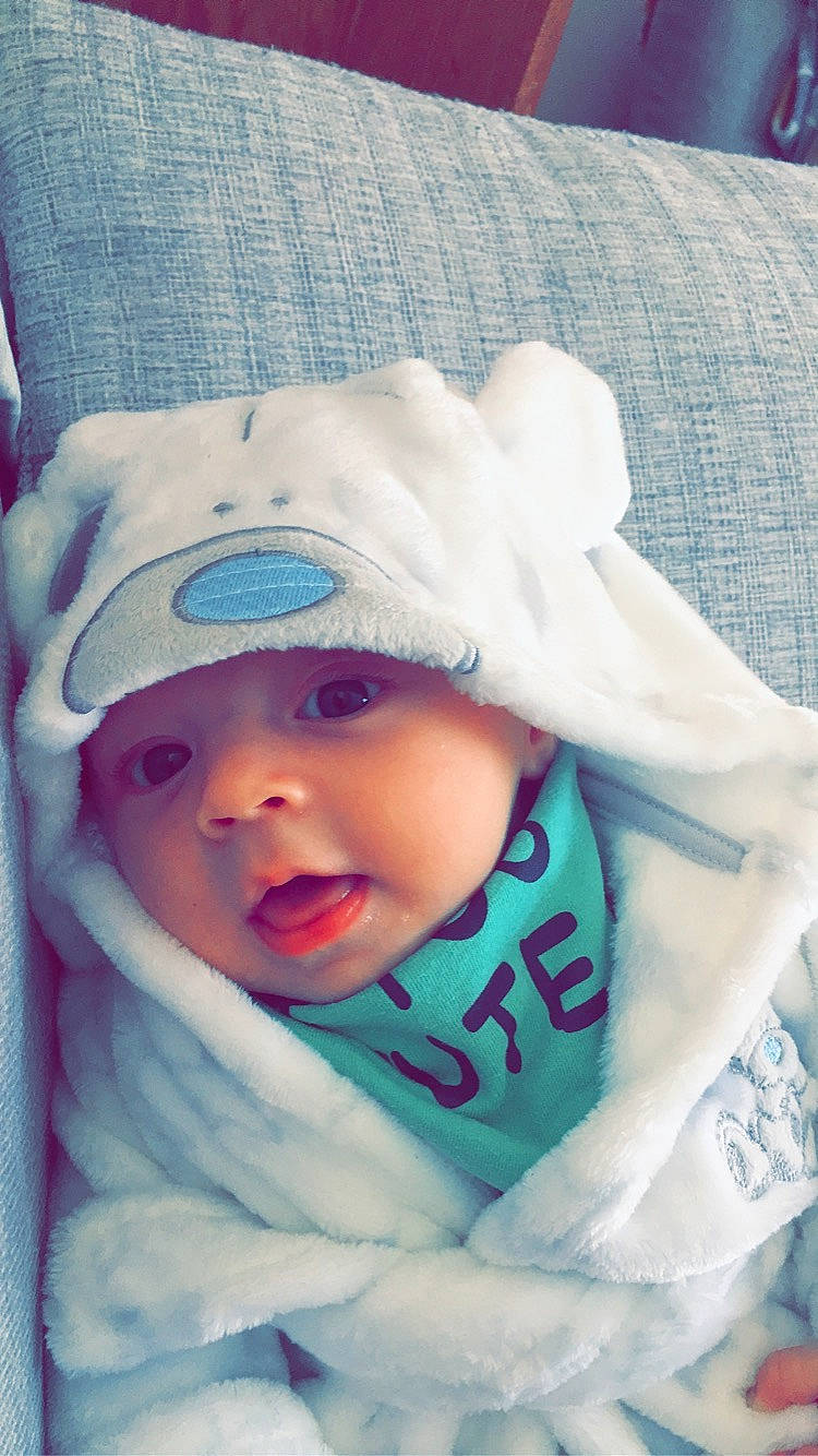 Jaxson joined the competition — help win amazing prizes! baby, blue, cheek, child, cool, headgear, headwear, linens, person, pink, skin, smile, textile, toddler