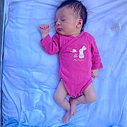 Gohana participe au concours pour gagner de l'argent avec cette photo : baby, newborn, sleeping, pink_onesie, pacifier, blanket, blue, infant, resting, cute, peaceful, soft, indoors, child, portrait, one_person, sleep, small_hands, small_feet, face
