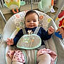 baby, baby_rocker, baby_seat, child, clothing, comfort, cute, expression, face, floor, indoors, infant, pants, person, plush_toy, sitting, smile, soft_toys, tights, toy