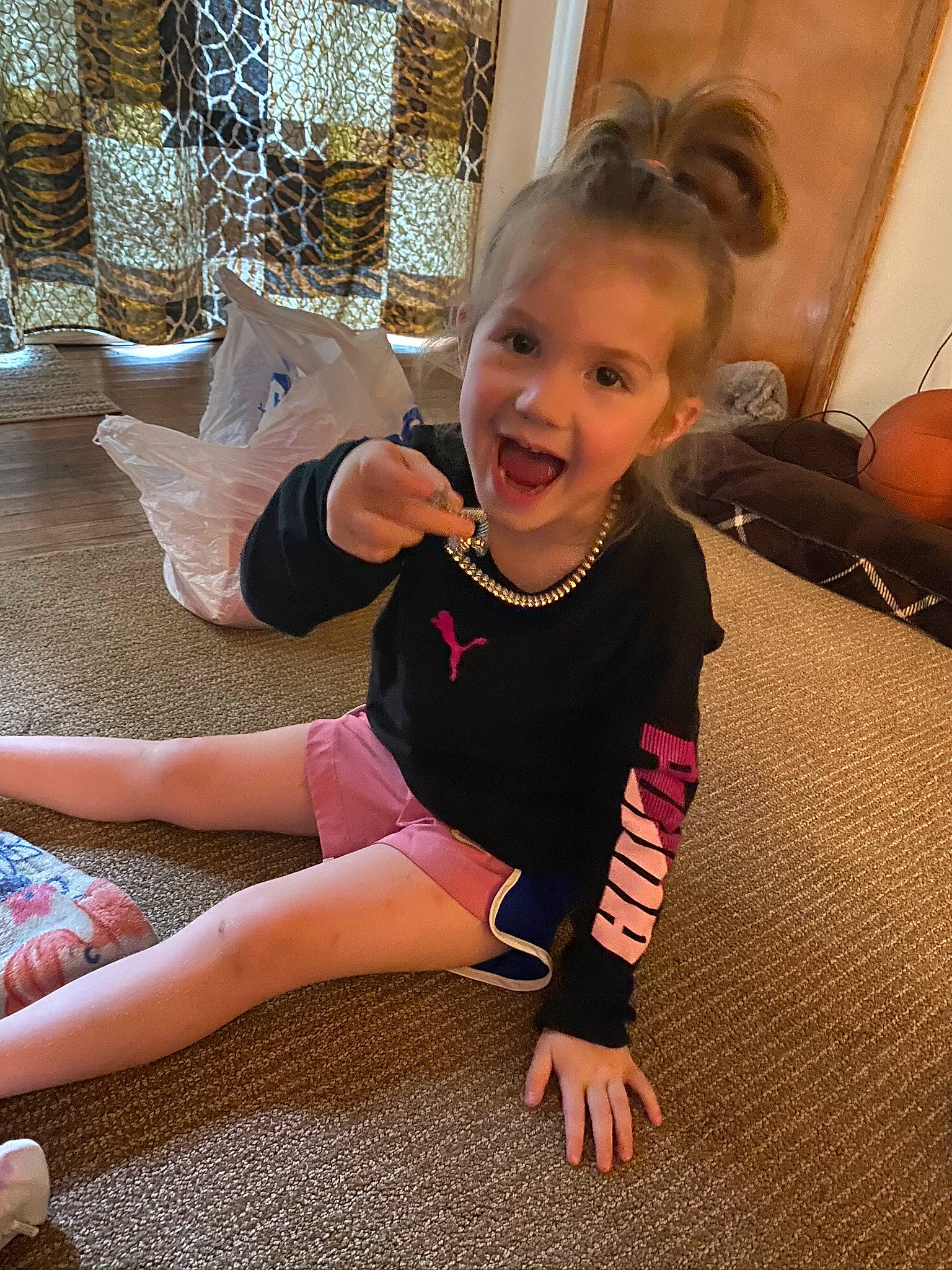 Dahlia is registered to the contest to win money with this photo: baby_toddler_clothing, barefoot, barware, beauty, child, floor, flooring, foot, fun, happy, human_leg, joint, knee, person, skin, smile, sock, standing, thigh, toddler