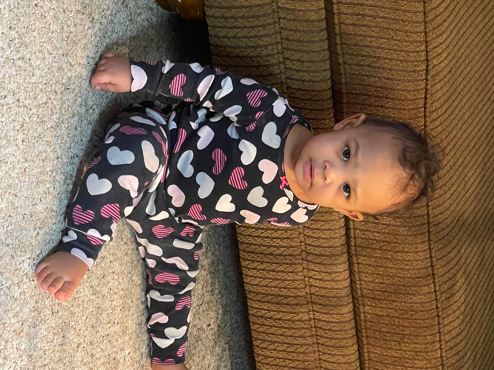 Wynter joined the competition — help win amazing prizes! baby, baby_toddler_clothing, carmine, cheek, child, comfort, face, flooring, foot, fun, head, human_leg, nightwear, pattern, person, sitting, skin, sleeve, sock, toddler