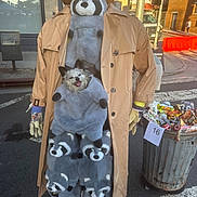Dino Fusilli is registered to the contest to win money with this photo: dog, plush_toy, raccoon, trench_coat, person, street, sidewalk, trash_can, snacks, gloves, hat, shoes, urban, daylight, sign, window, building, traffic_light, crosswalk, smiling_dog