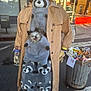 dog, plush_toy, raccoon, trench_coat, person, street, sidewalk, trash_can, snacks, gloves, hat, shoes, urban, daylight, sign, window, building, traffic_light, crosswalk, smiling_dog