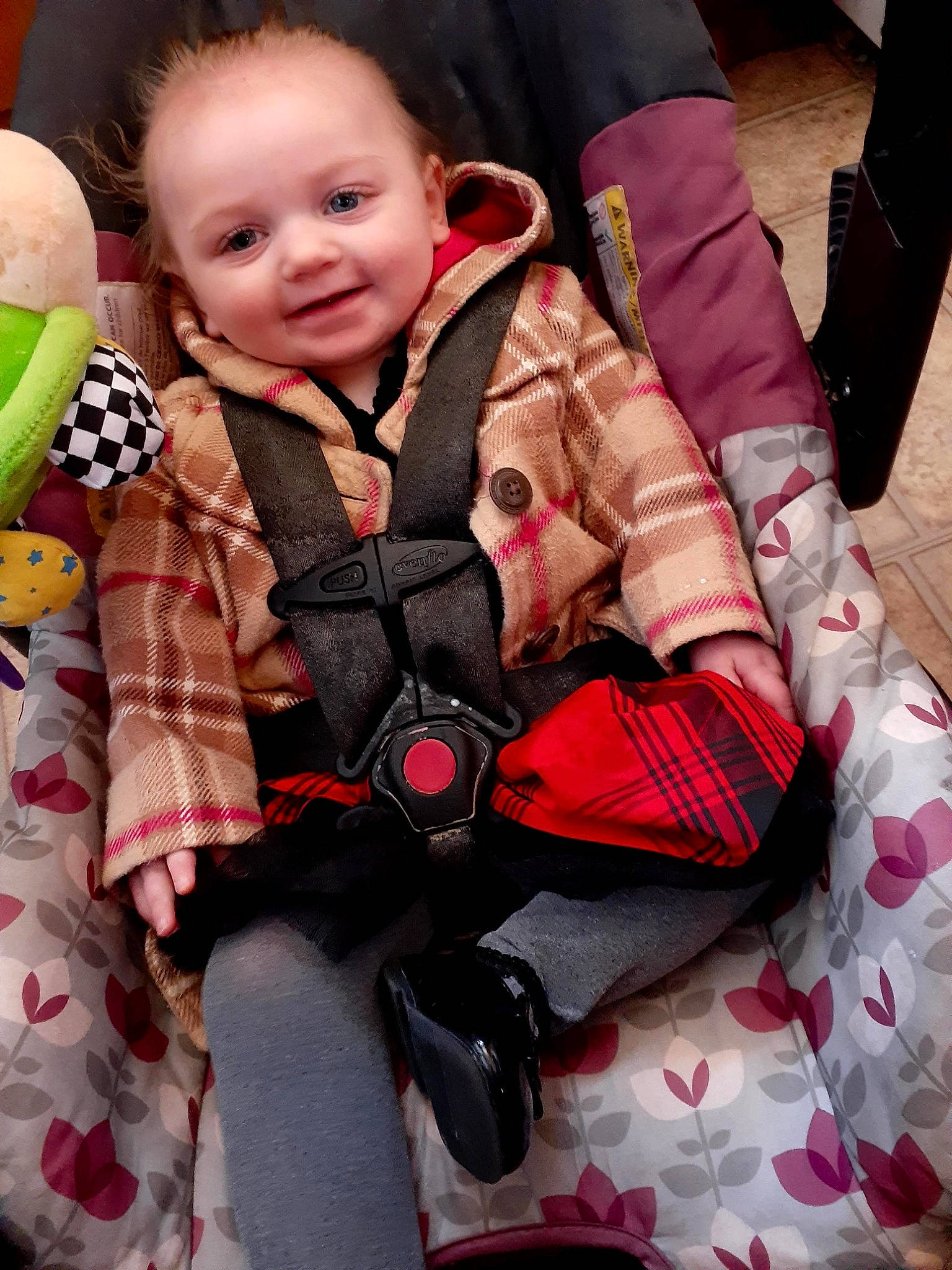 Trinity joined the competition — help win amazing prizes! baby, baby_products, baby_toddler_clothing, cheek, child, comfort, face, happy, human_body, joy, lap, pattern, person, pink, plaid, skin, sleeve, smile, tartan, textile