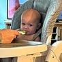 Ivy is registered to the contest to win money with this photo: baby, high_chair, feeding, spoon, hand, bracelets, face, expression, indoor, television, furniture, person, child, seat, blue_eyes, skin, hair, table, curious, infant