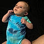 Isaiah is registered to the contest to win money with this photo: baby, infant, child, onesie, blue_clothing, tie_dye, hands, face, eyes, skin, lying_down, soft_surface, curious, small_hands, person, cute, portrait, childhood, young, indoors