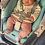 Rym participe au concours pour gagner de l'argent avec cette photo : baby, baby_accessory, baby_chair, baby_clothing, baby_furniture, baby_seat, child, cute, floor_tiles, headband, indoor, infant, knit_sweater, person, pink_bow, pink_pants, portrait, seatbelt, serious_expression, socks