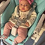 Rym a rejoint le concours — aidez-le/la à gagner de superbes lots ! baby, baby_accessory, baby_clothing, baby_girl, baby_seat, child, cute, floor, headwear, high_chair, indoor, infant, pants, person, pink_headband, portrait, seatbelt, socks, sweater, tile_floor