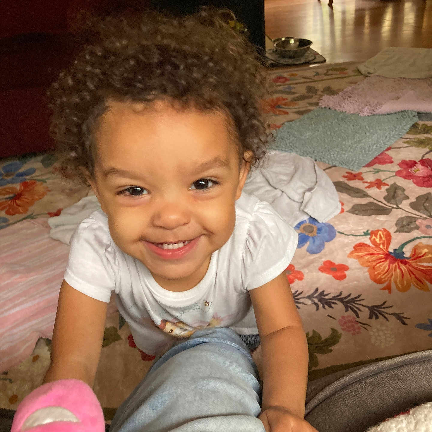 Serenity is registered to the contest to win money with this photo: baby, bed, bedroom, clothing, couch, cushion, face, furniture, happy, head, homedecor, indoors, interiordesign, jeans, pants, person, photography, portrait, room, smile