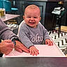 baby, smiling, high_chair, sweater, hand, indoor, cafe, table, person, child, happy, face, clothing, seat, adult, furniture, background, patterned_floor, holding, cute