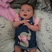 Fiona joined the competition — help win amazing prizes! baby, infant, denim_dress, elephant_applique, pink_clothing, blanket, pillow, bed, soft_texture, cozy, child, cute, indoors, fabric, sleepwear, person, smiling, young_child, lying_down, comfortable