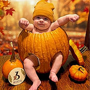 John is registered to the contest to win money with this photo: autumn, baby, background_blur, celebration, child, chubby, cozy, cute, fall, festive, hat, indoors, leaf, milestone, orange, pumpkin, seasonal, smile, table, wood