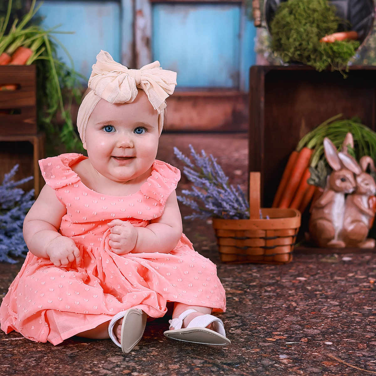 Isabella is registered to the contest to win money with this photo: baby, clothing, dress, face, flower, happy, hardwood, head, jar, person, photography, plant, planter, portrait, pottedplant, pottery, sitting, smile, vase, wood