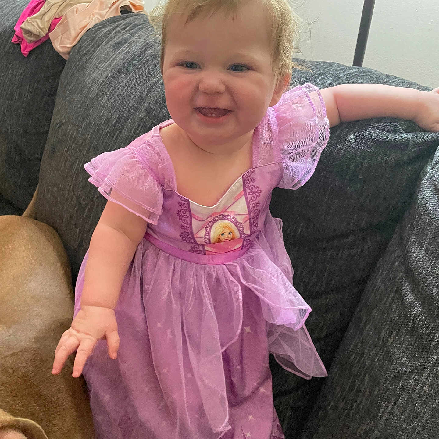 Zara is registered to the contest to win money with this photo: architecture, baby, building, clothing, couch, cushion, dress, face, furniture, happy, head, homedecor, indoors, livingroom, person, photography, portrait, purple, room, sitting