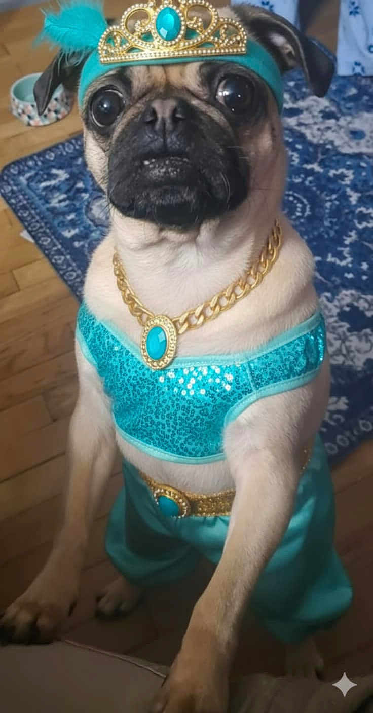 Selah joined the competition — help win amazing prizes! dog, pug, costume, turquoise, gold_chain, tiara, headband, indoor, carpet, wood_floor, pet, animal, cute, portrait, standing, decor, jewelry, face, expression, furry