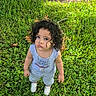 Kaleb is registered to the contest to win money with this photo: child, toddler, curly_hair, outdoor, grass, lawn, tree, portrait, standing, looking_up, serious_expression, gray_outfit, sneakers, necklace, sunlight, nature, backyard, greenery, full_body, photography