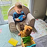 toddler, child, armchair, toy, blue_toy, teddy_bear, wooden_toy_box, play_mat, indoor, window, patio_chair, curious, sitting, floor, foot, clothing, person, baby, home, daylight