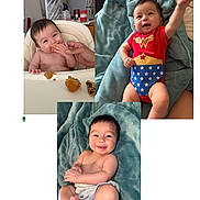 Evelyn Rose joined the competition — help win amazing prizes! baby, infant, smiling, eating, highchair, muffin, hand, blanket, clothing, red_onesie, wonder_woman_costume, happy, cute, lying_down, diaper, soft_texture, indoor, person, face, portrait
