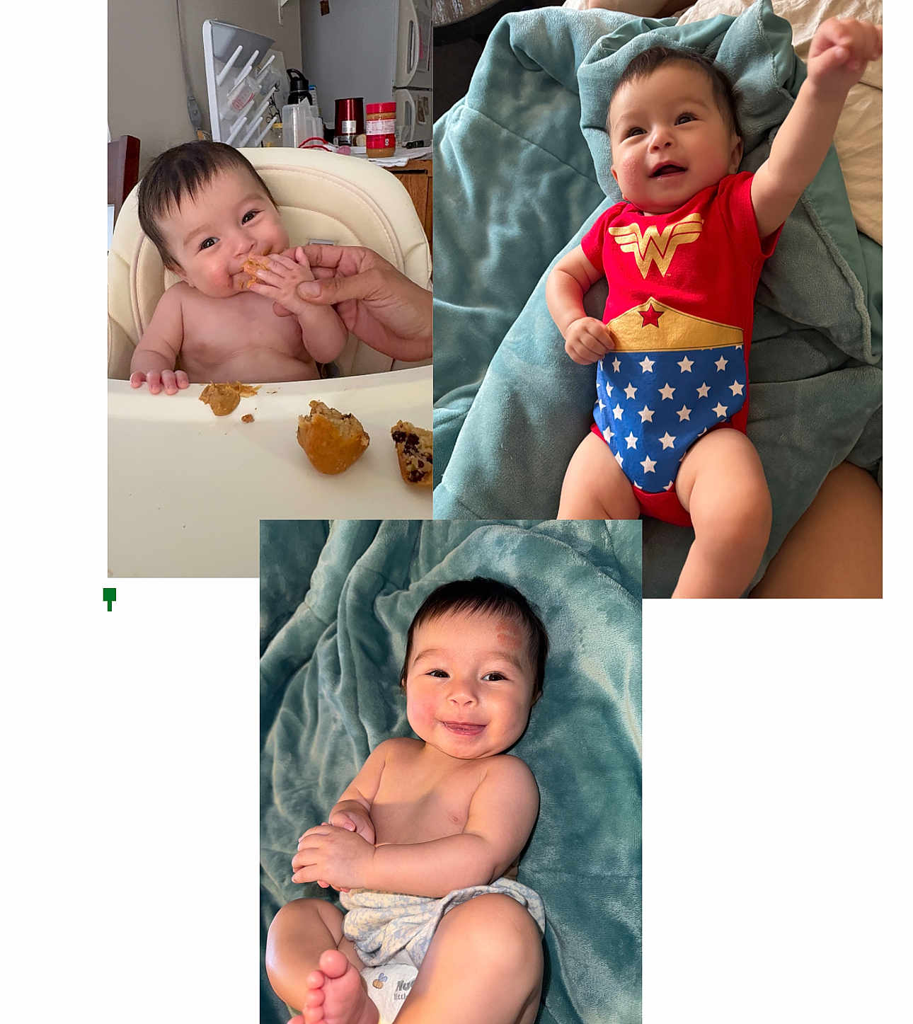 Evelyn Rose joined the competition — help win amazing prizes! baby, infant, smiling, eating, highchair, muffin, hand, blanket, clothing, red_onesie, wonder_woman_costume, happy, cute, lying_down, diaper, soft_texture, indoor, person, face, portrait