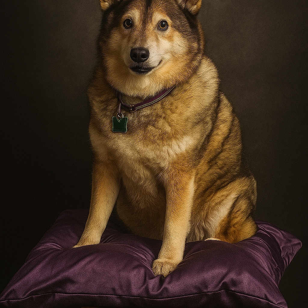 Remmie joined the competition — help win amazing prizes! animal, black, brown, classic, collar, cushion, dog, ears, eyes, fur, indoor, majestic, pedestal, pet, portrait, purple, regal, sitting, studio, tag