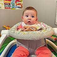 Anastasia joined the competition — help win amazing prizes! baby, infant, teething_toy, baby_seat, pink_clothing, striped_socks, educational_posters, indoor, play_area, child, person, cute, curious, seated, soft_toys, baby_bib, colorful, wall_decor, young_child, early_learning