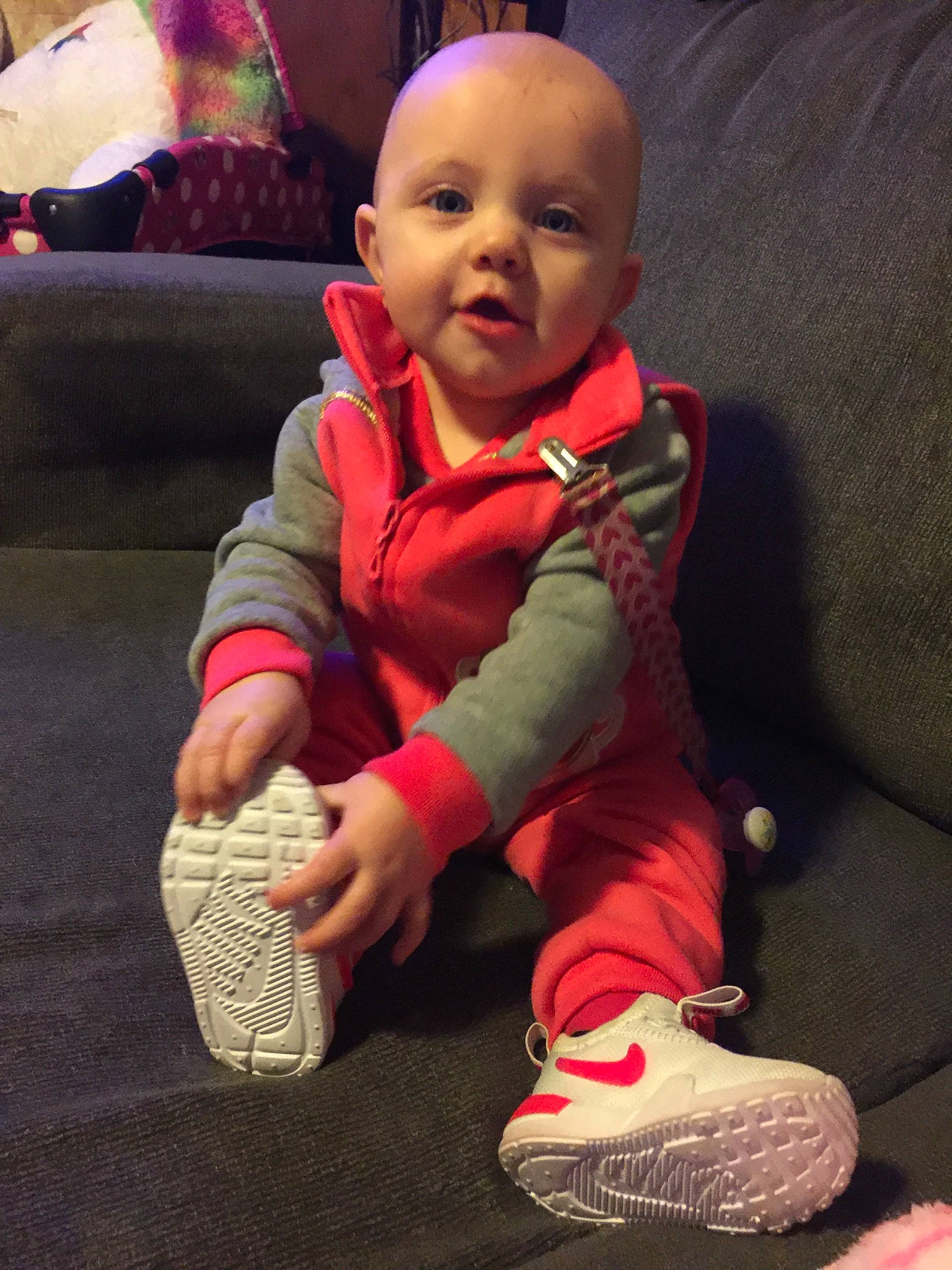 Kendra is registered to the contest to win money with this photo: child, fun, infant, person, play, product, sitting, skin, smile, textile, toddler, toy