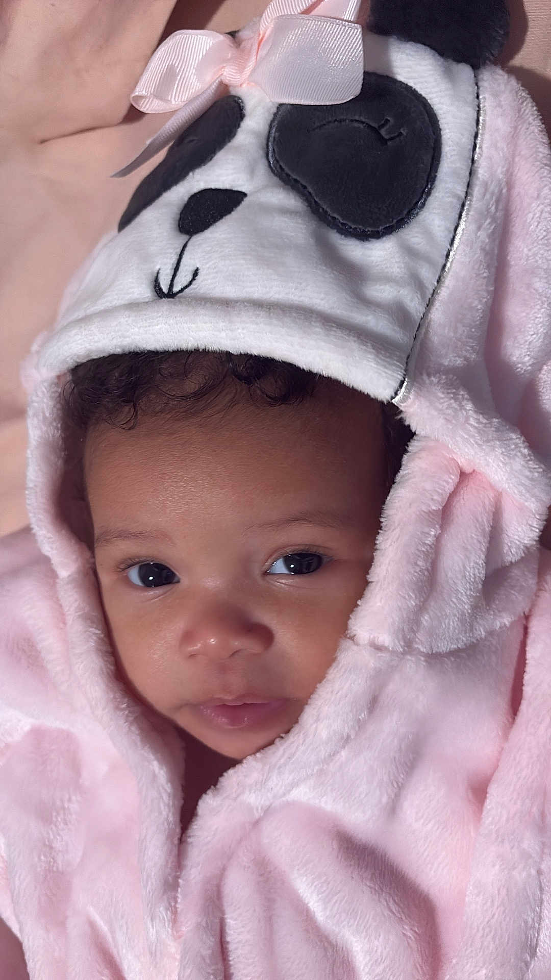 Sayari joined the competition — help win amazing prizes! baby, infant, hood, panda, pink, soft, cute, face, eyes, skin, clothing, bow, portrait, child, adorable, warm, cozy, baby_girl, expression, closeup