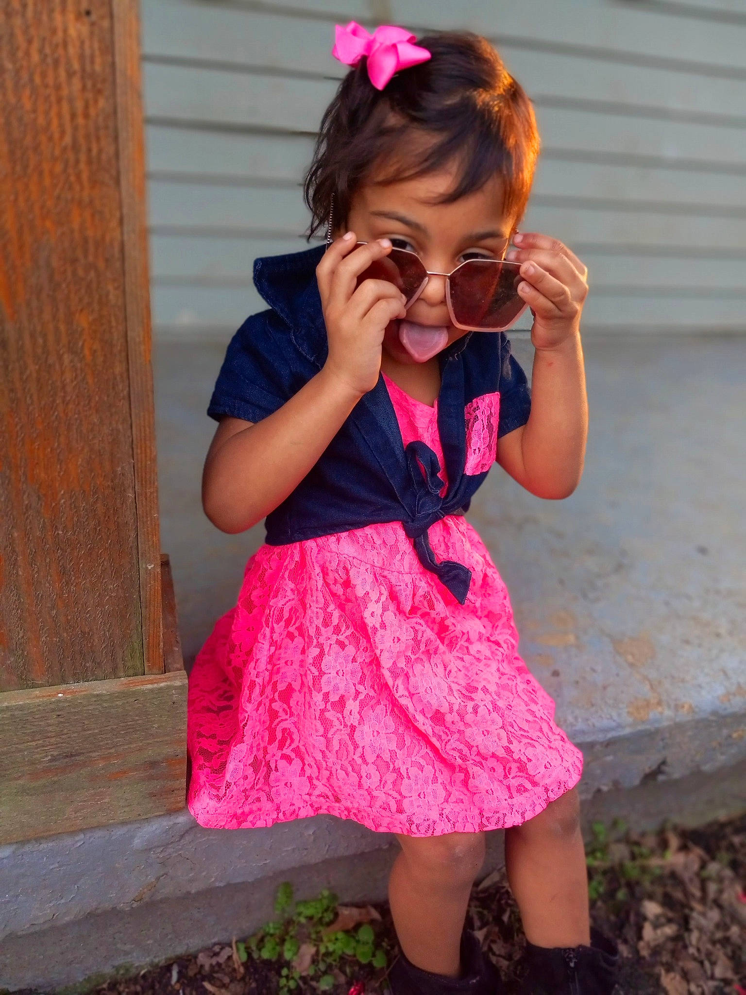 Nevaeh joined the competition — help win amazing prizes! baby_toddler_clothing, brown_hair, child, day_dress, dress, eyewear, hairstyle, happy, lip, magenta, pattern, person, pink, purple, red, shoulder, skin, sleeve, street_fashion, sunglasses