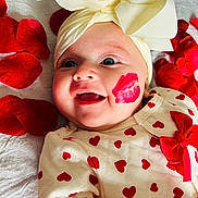 Evie joined the competition — help win amazing prizes! baby, bow, closeup, clothing, cute, face, happy, headband, heart_pattern, infant, infant_girl, lipstick_mark, lying_down, person, red_bow, red_hearts, rose_petals, skin, smiling, white_background