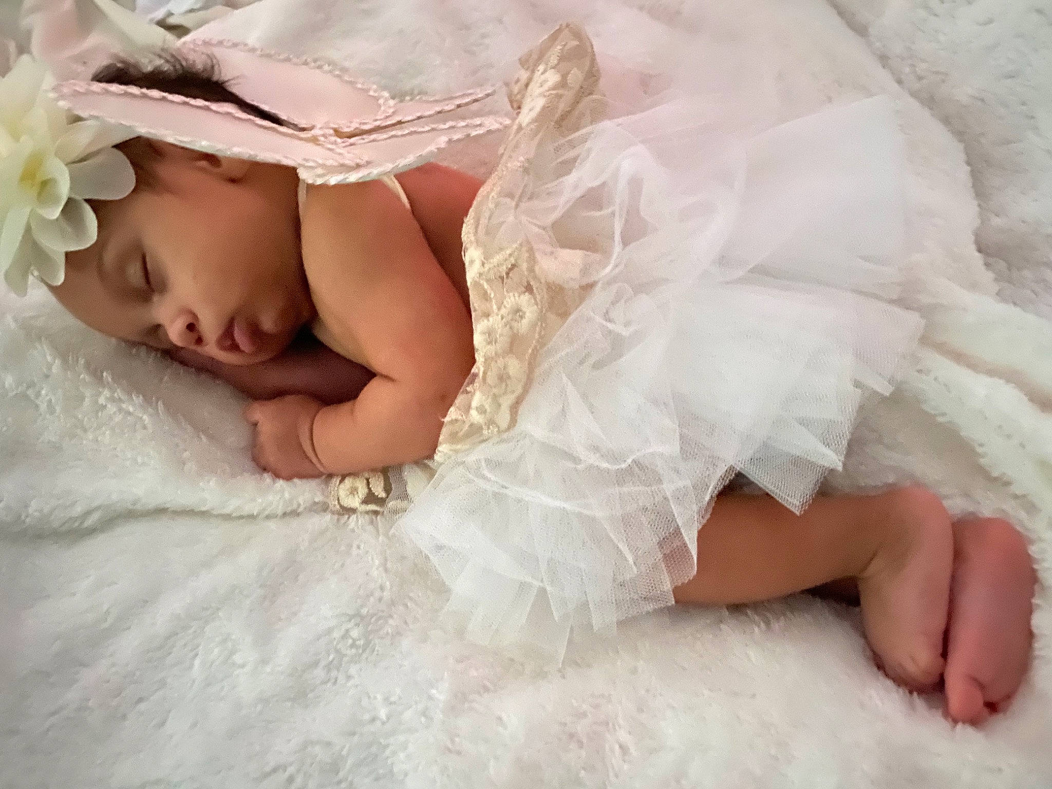 Nori joined the competition — help win amazing prizes! baby, baby_sleeping, bridal_accessory, child, dress, hair_accessory, hand, headpiece, headwear, leg, person