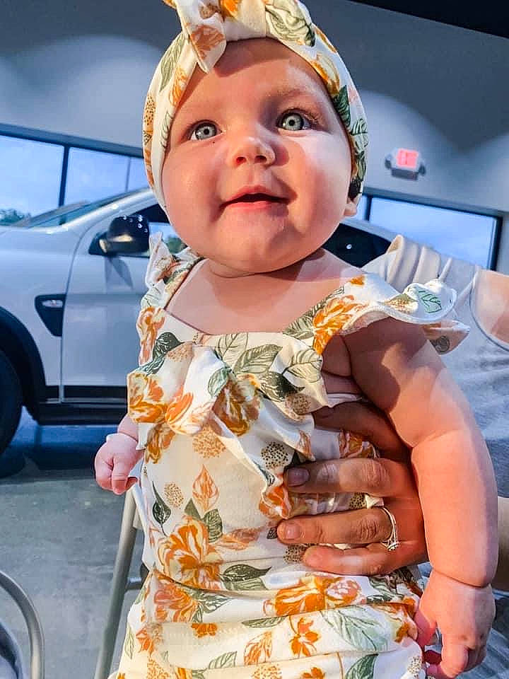 Everly joined the competition — help win amazing prizes! baby_toddler_clothing, car, dress, facial_expression, fashion, finger, fun, hairstyle, hand, happy, hat, orange, people, person, skin, summer, tire, toddler, wheel, white