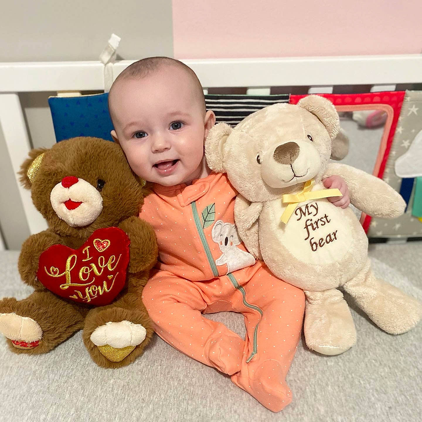 Adalynn is registered to the contest to win money with this photo: baby, baby_products, baby_toddler_clothing, baby_toys, cheek, child, comfort, facial_expression, font, happy, organ, person, plush, skin, smile, stuffed_toy, teddy_bear, textile, toddler, toy