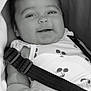 baby, smiling, infant, face, car_seat, safety_strap, clothing, pattern, black_and_white, cute, child, hand, closeup, portrait, happy, seatbelt, head, eyes, skin, babywearing