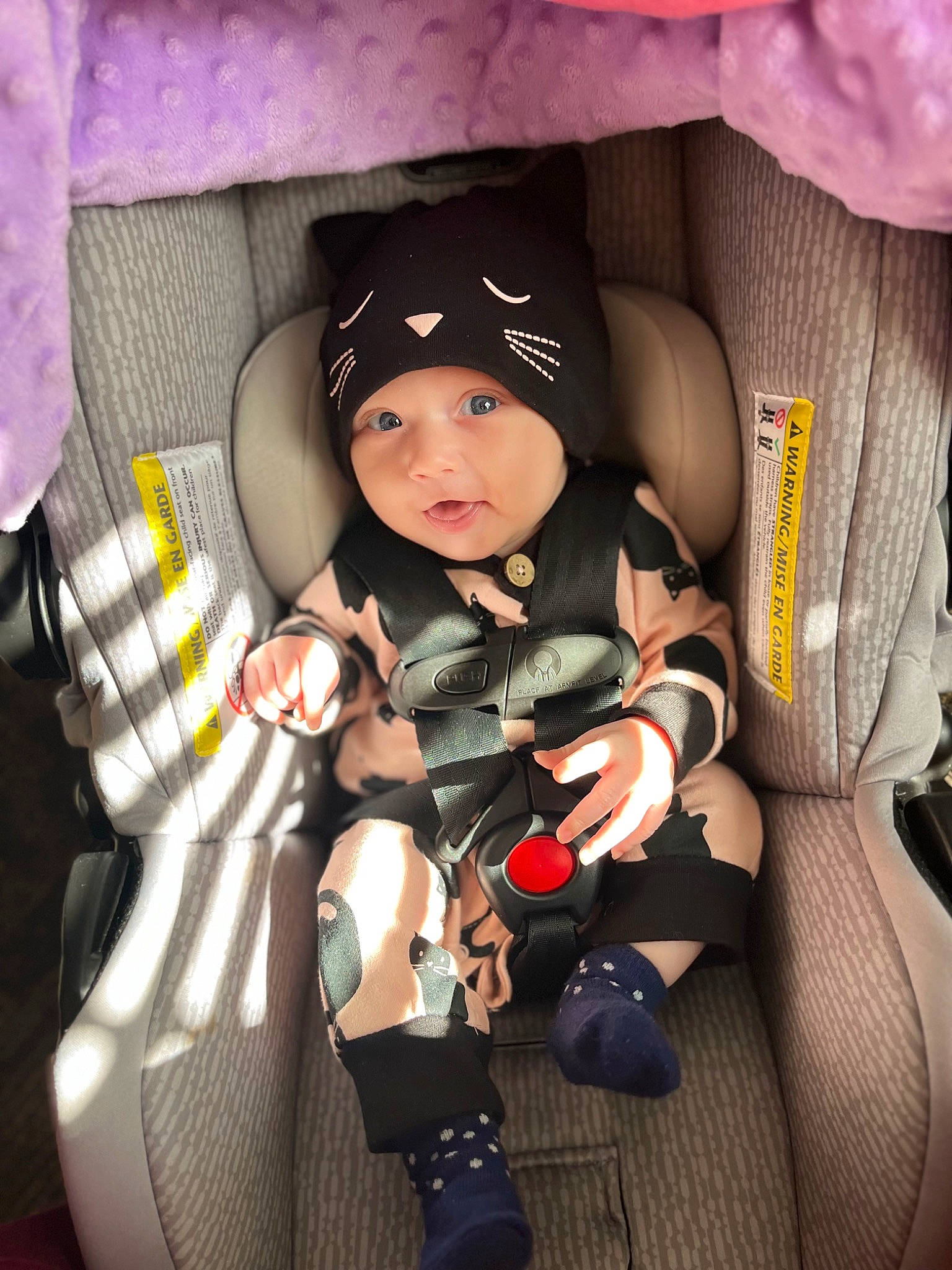 Skylar is registered to the contest to win money with this photo: auto_part, baby, baby_carriage, baby_in_car_seat, baby_products, baby_safety, baby_toddler_clothing, car_seat, child, comfort, fashion_accessory, flash_photography, fun, headwear, human_leg, lap, nail, person, sitting, thigh
